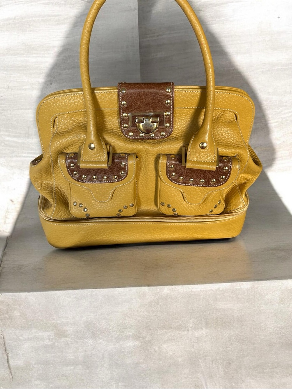 Yellow Leather Studded Satchel with Brown Accent Panels
